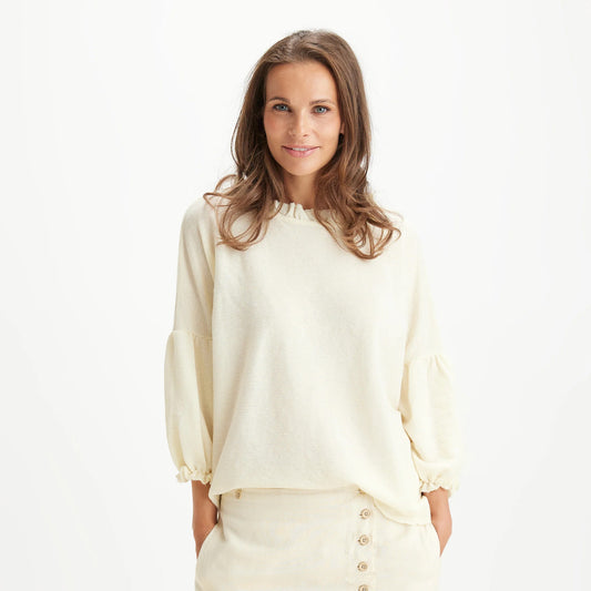 Merinotröja med rynkad ståkrage och puffärm - Black