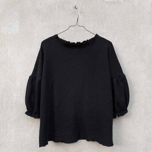 Merinotröja med rynkad ståkrage och puffärm - Black