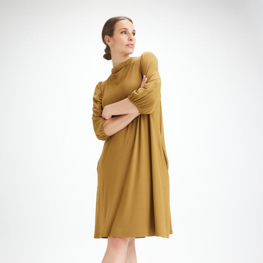 Klänning med puffärm i bambulyocell - Petrol Blue