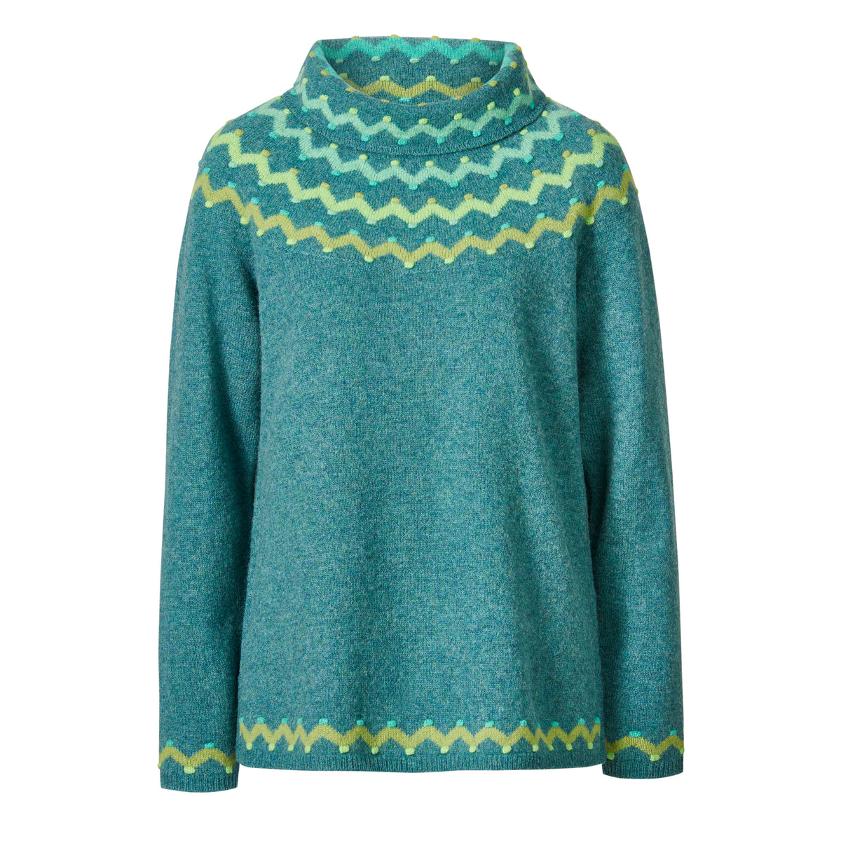 Mönsterstickad lammullströja med polokrage – Emerald