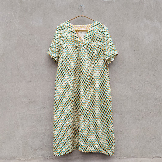 McVerdi mönstrad linneklänning RIKKE - turkos & curry