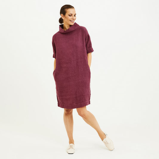 OWN kortärmad linneklänning med nedvikt krage - Burgundy