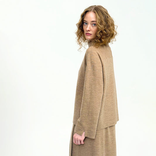 Långärmad merinotröja med bred raglanärm och dubbelvikt krage - Arctic Melange