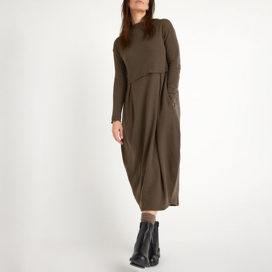 Lång ullklänning med tulpankjol - Dark Olive