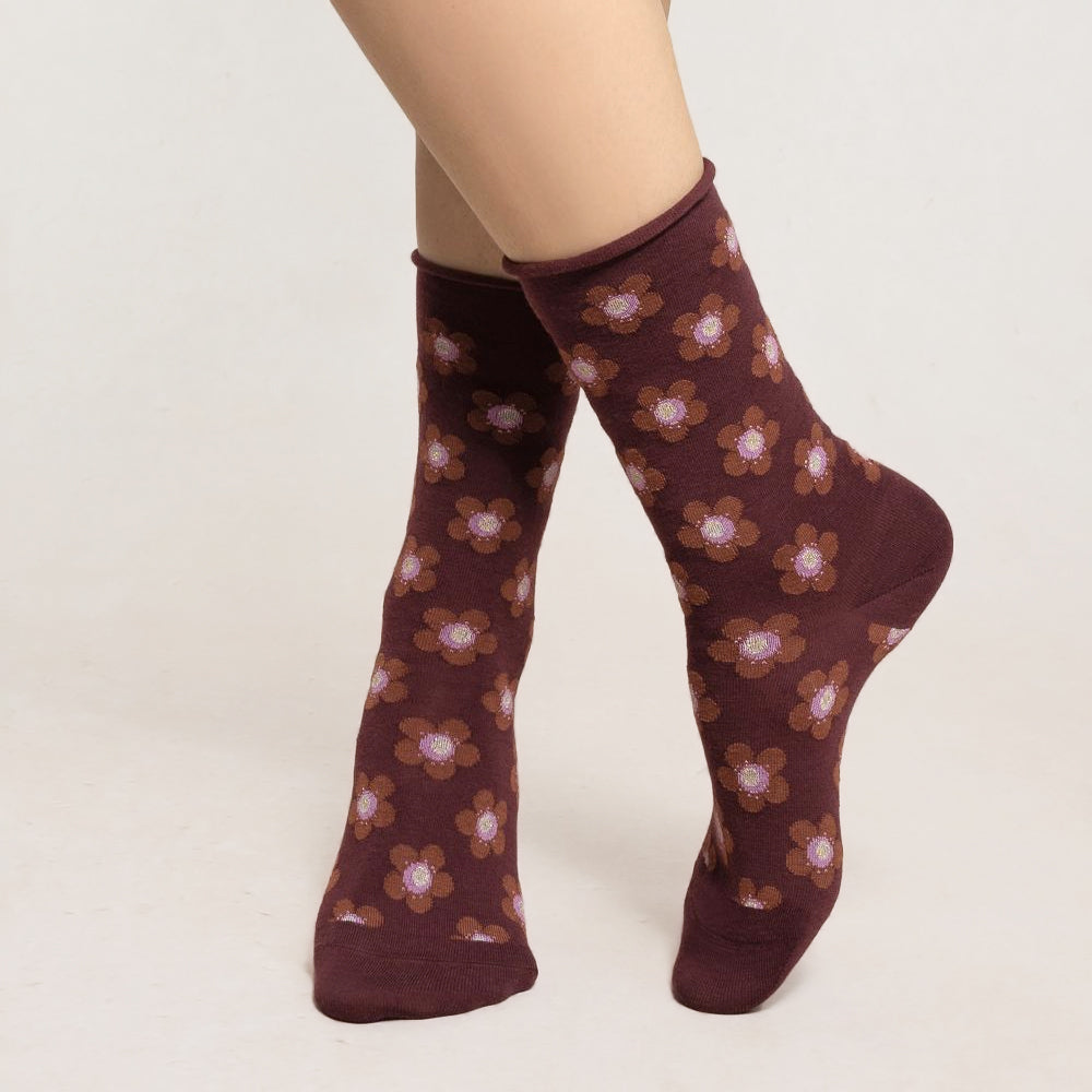 Mönstrad ullstrumpa med rullkant FLOWER - Chianti