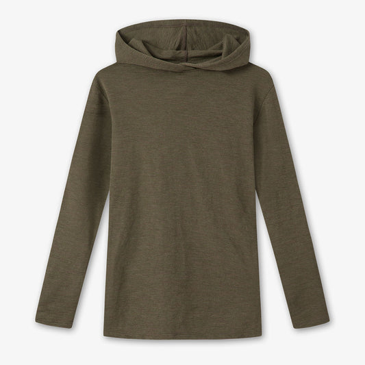 Hoodie i merinoull - unisexmodell med fållade kanter, Capers Melange