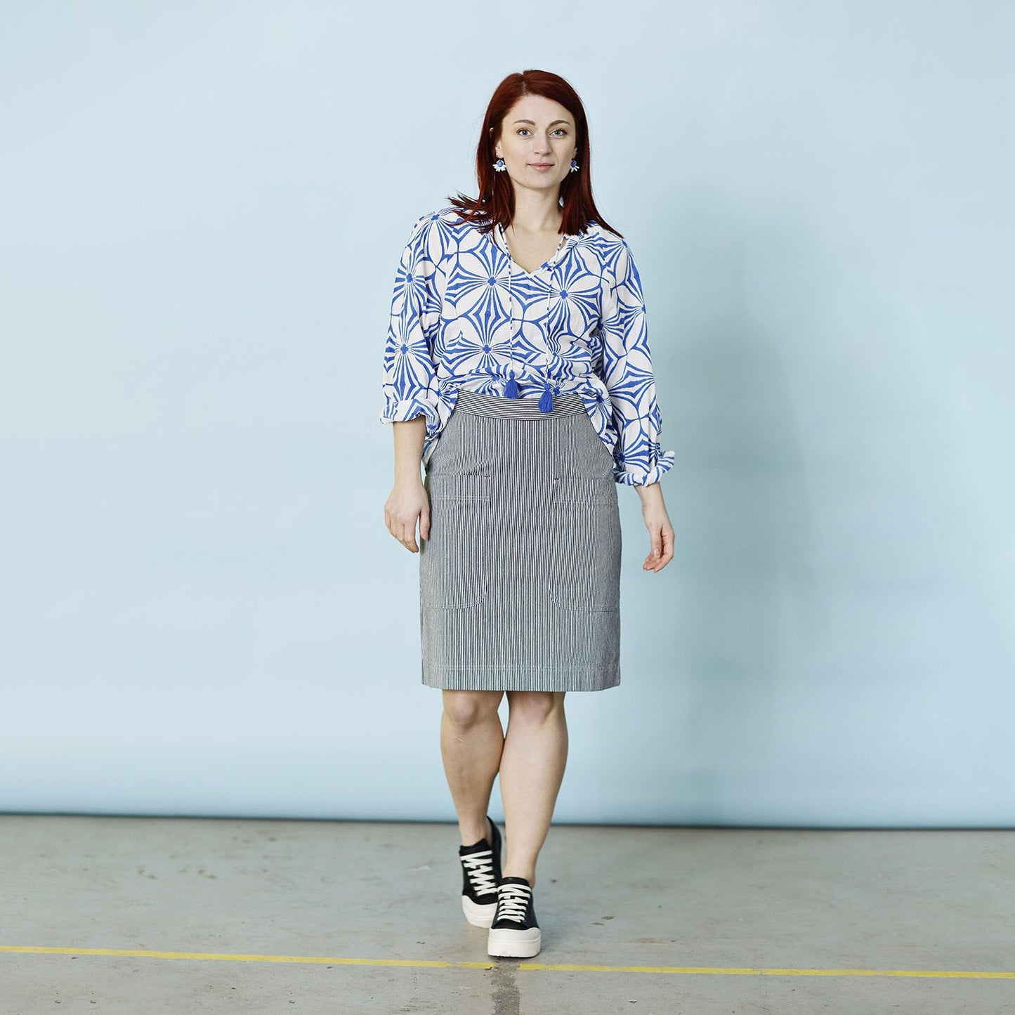 Smalrandig kjol, blå & vit denim