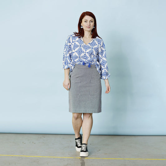 Smalrandig kjol, blå & vit denim