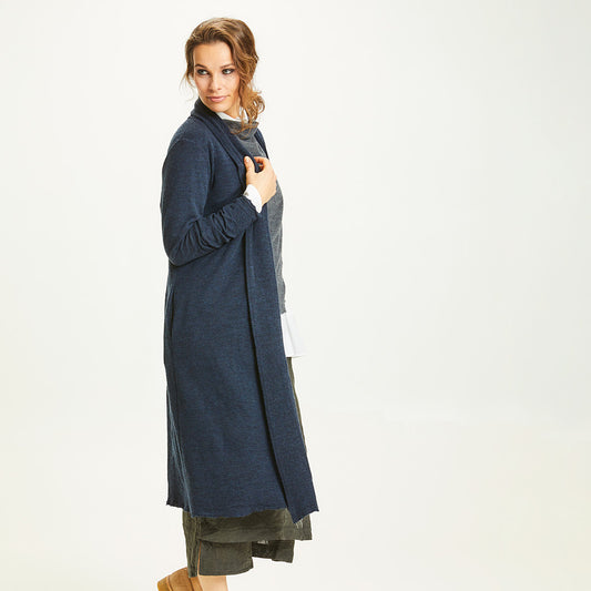 Lång sjalkofta i merinoull