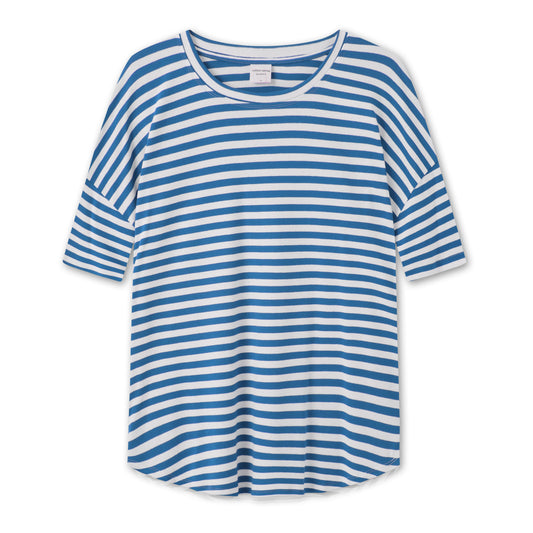 Randig kortärmad t-shirt med ledig passform - Denim Blue /Off White