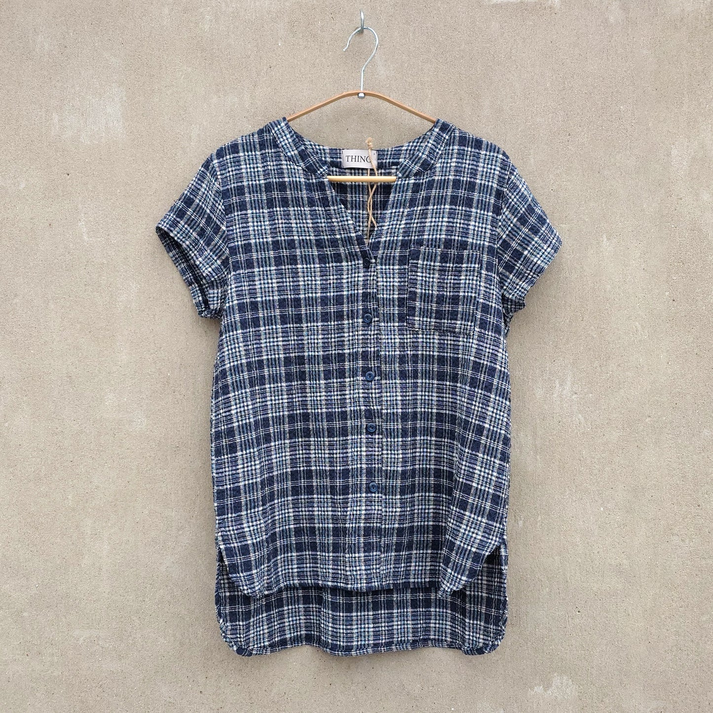 Kortärmad rutig skjorta i bomull/viskos/lin - Navy
