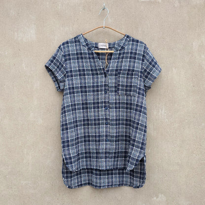 Kortärmad rutig skjorta i bomull/viskos/lin - Navy