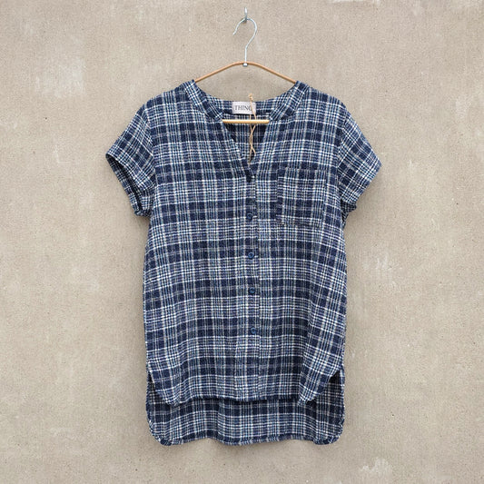 Kortärmad rutig skjorta i bomull/viskos/lin - Navy