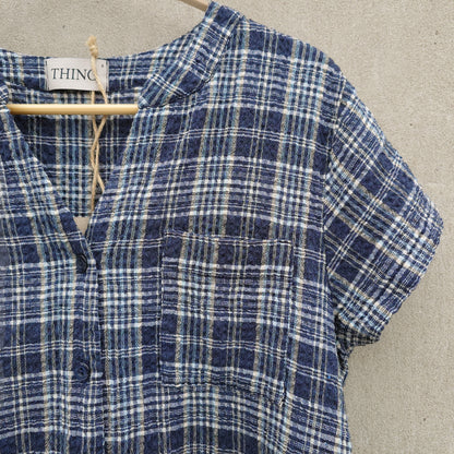 Kortärmad rutig skjorta i bomull/viskos/lin - Navy