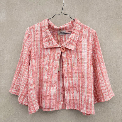 Kort jacka med trekvartsärm i rutig bomull/viskos/lin - Korall