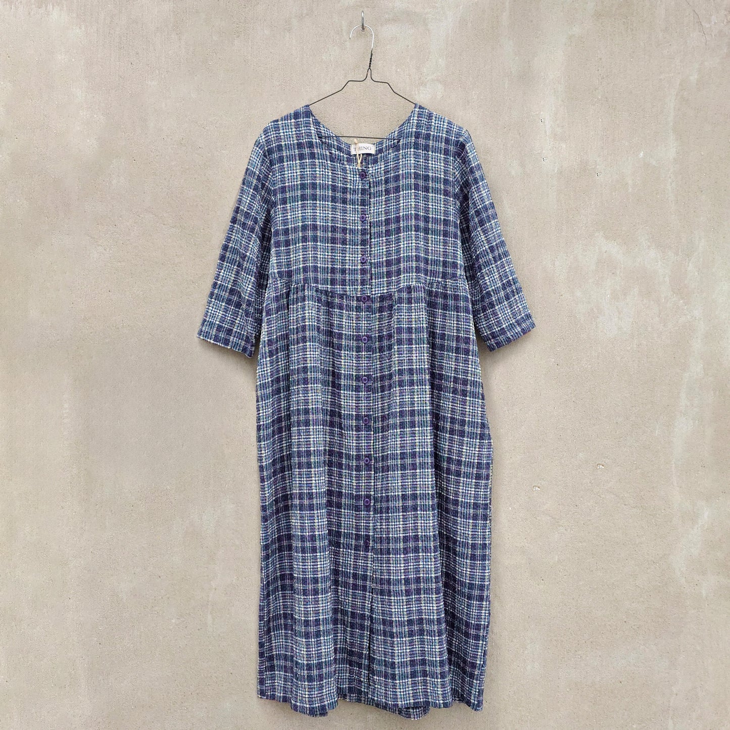 Rutig skjortklänning i bomull/viskos/lin - Navy