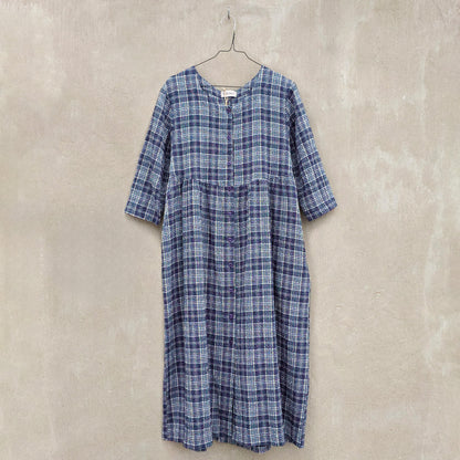 Rutig skjortklänning i bomull/viskos/lin - Navy