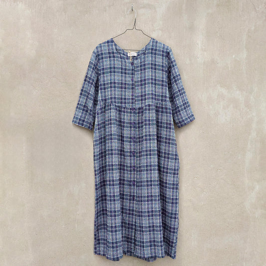 Rutig skjortklänning i bomull/viskos/lin - Navy