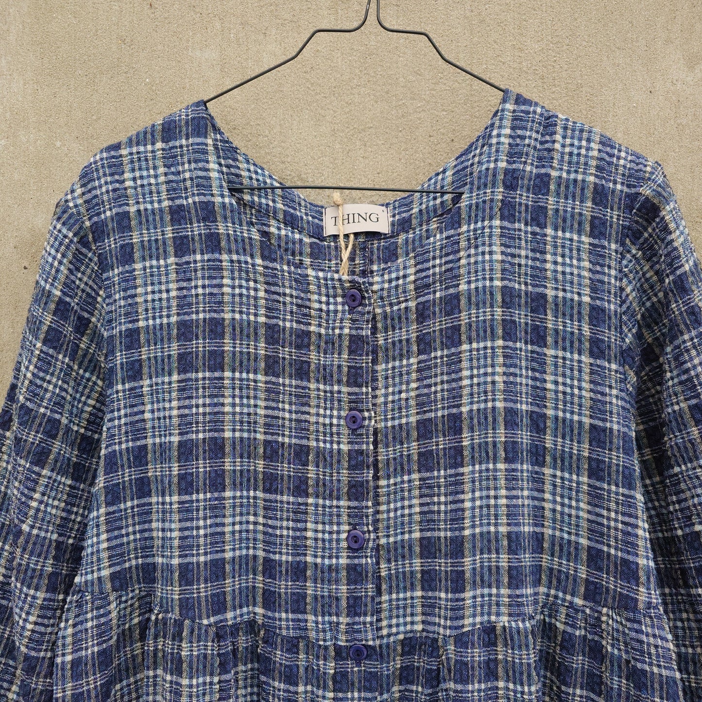 Rutig skjortklänning i bomull/viskos/lin - Navy