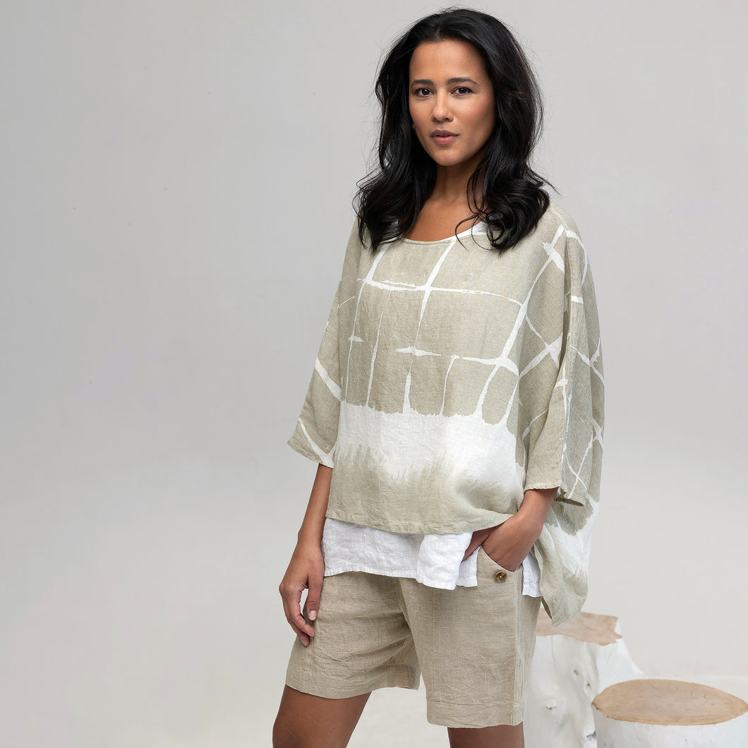 Bohéme oversize mönstrad linnetopp - Sand/Vit