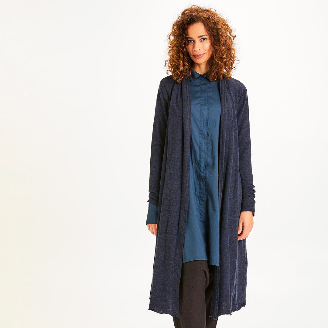 Lång sjalkofta i merinoull