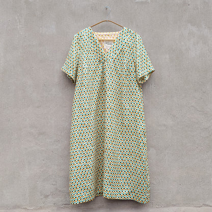 McVerdi mönstrad linneklänning RIKKE - turkos & curry