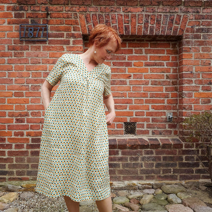 McVerdi mönstrad linneklänning RIKKE - turkos & curry