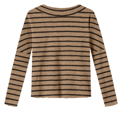 Oversize merinotröja med bred halsmudd - Light Camel Melange/Black Coffee Stripe