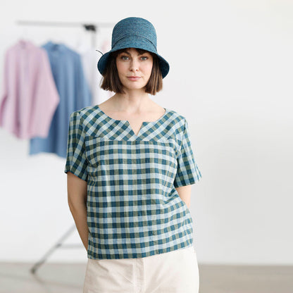 Rutig sommarblus i bomull och linne | McVERDI