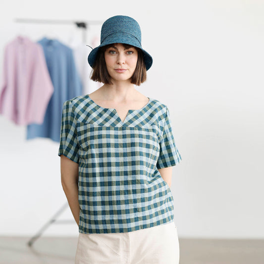 Rutig sommarblus i bomull och linne | McVERDI