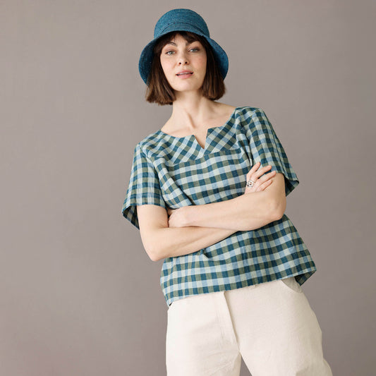 Rutig sommarblus i bomull och linne | McVERDI