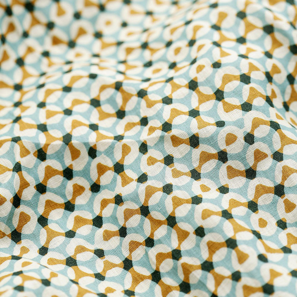 McVerdi mönstrad linneklänning RIKKE - turkos & curry