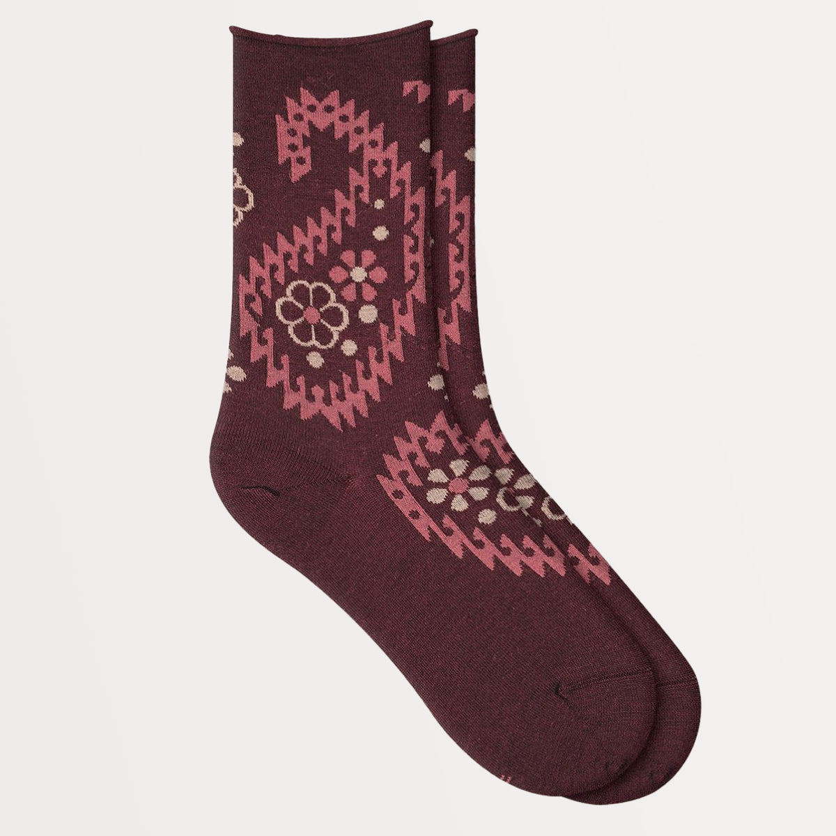 Ullsocka med rullkant – Paisley Flower Chianti