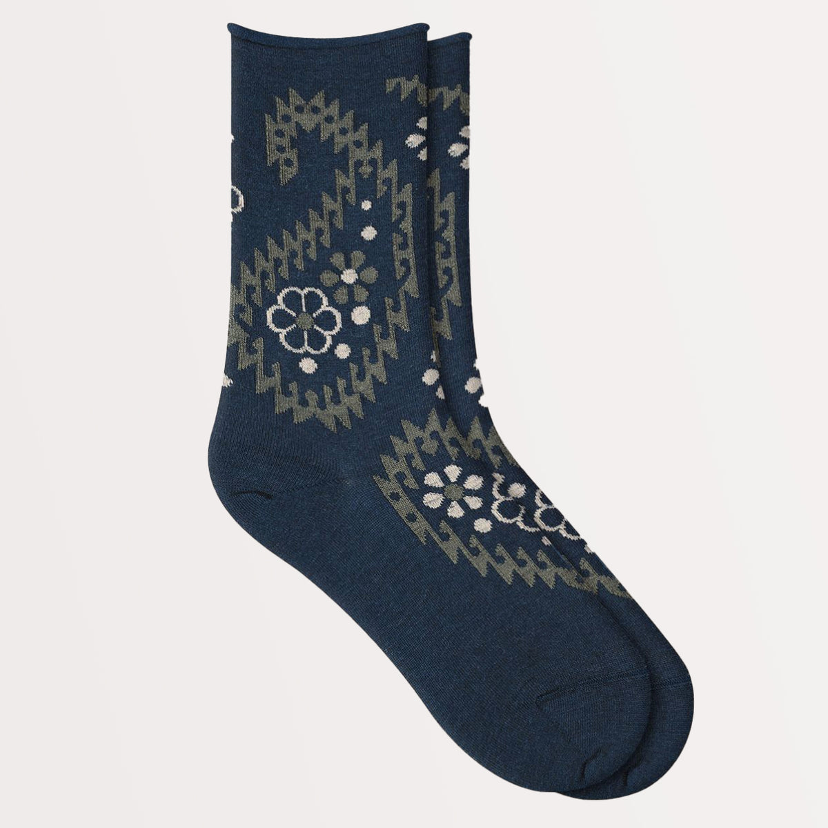 Ullsocka med rullkant – Paisley Flower Navy