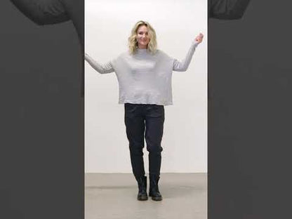 Oversize merinotröja med bred halsmudd - Light Camel Melange/Black Coffee Stripe