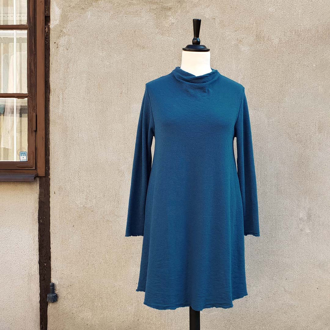 A-formad ullklänning med draperad hals, Petrol Blue