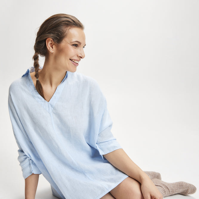 Oversize linneskjorta med krage, Sky Blue